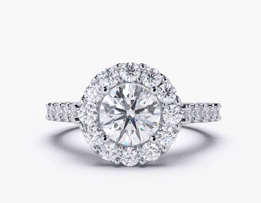 18k white gold round halo diamond engagement ring with 1 metal and r shape diamond