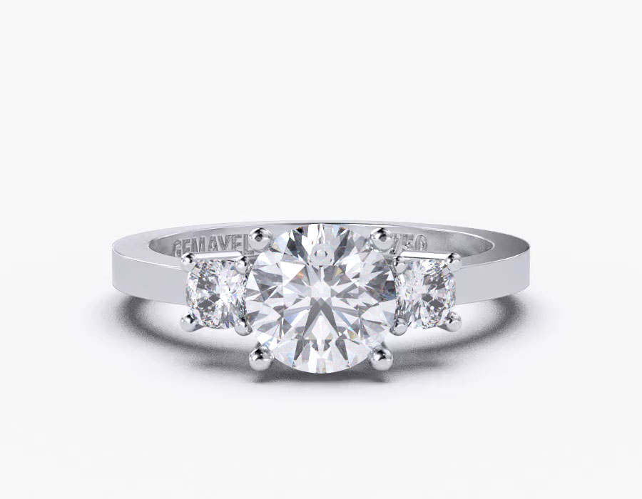 18k white gold round cushion cut side stone diamond engagement  with 1 metal and r shape diamond