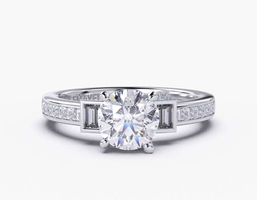 18k white gold round baguette cut side stone & princess cut pave diamond engagement  with 1 metal and r shape diamond