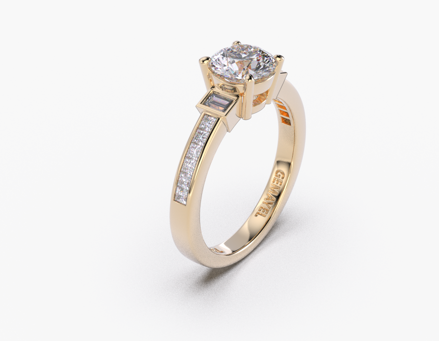 18K Yellow Gold Round Baguette Cut Side Stone & Princess Cut Pave Diamond Engagement 