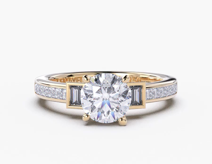 18K Yellow Gold Round Baguette Cut Side Stone & Princess Cut Pave Diamond Engagement 